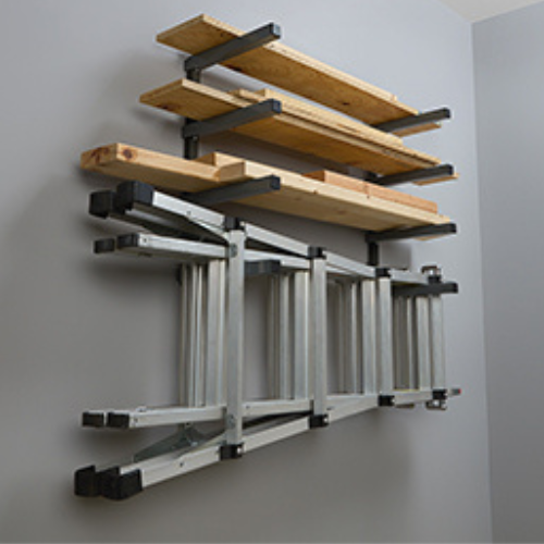 a BORA woodrack holding up a ladder and plywood on a wall